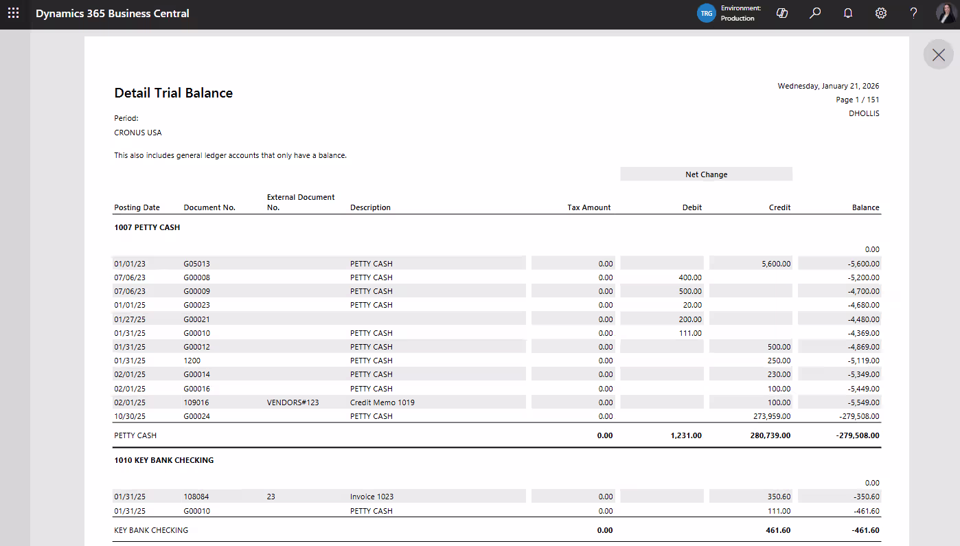 Detail trial balance report in Business Central