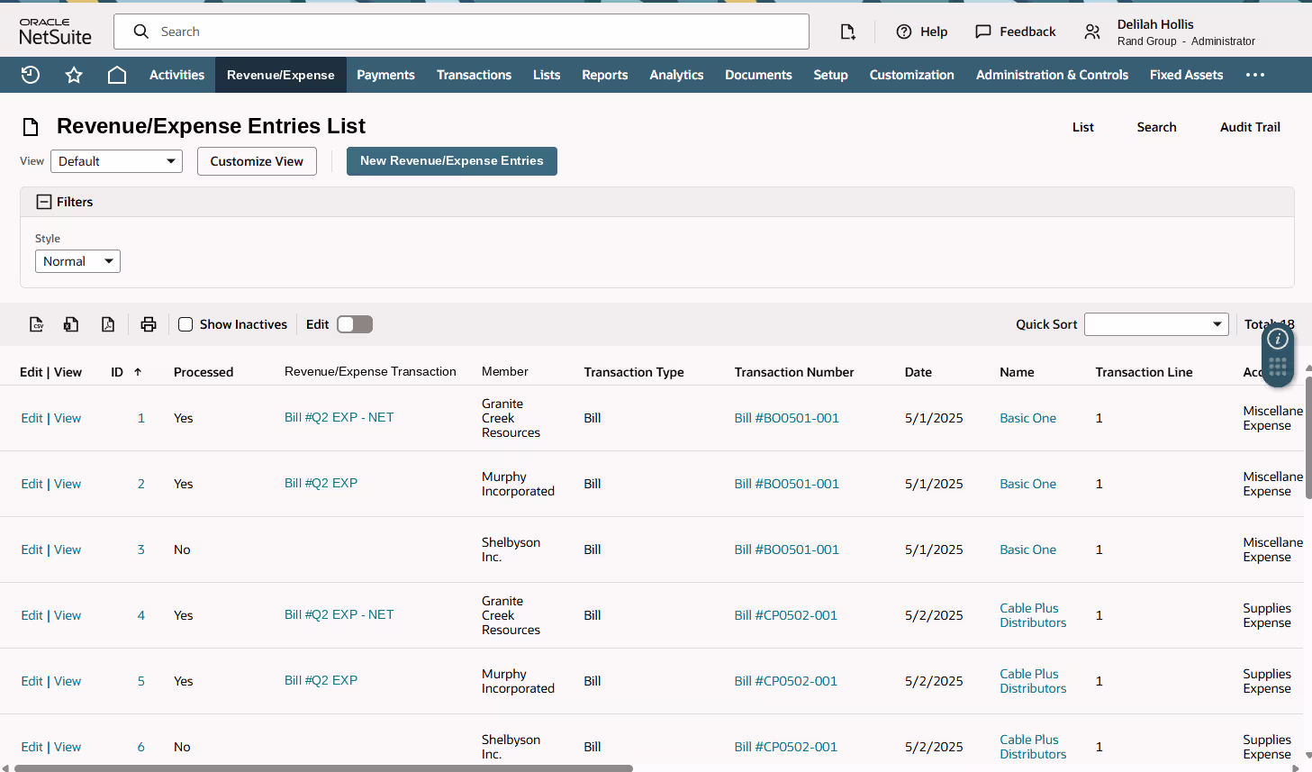 Entries list in NetSuite Family Office Allocation Manager