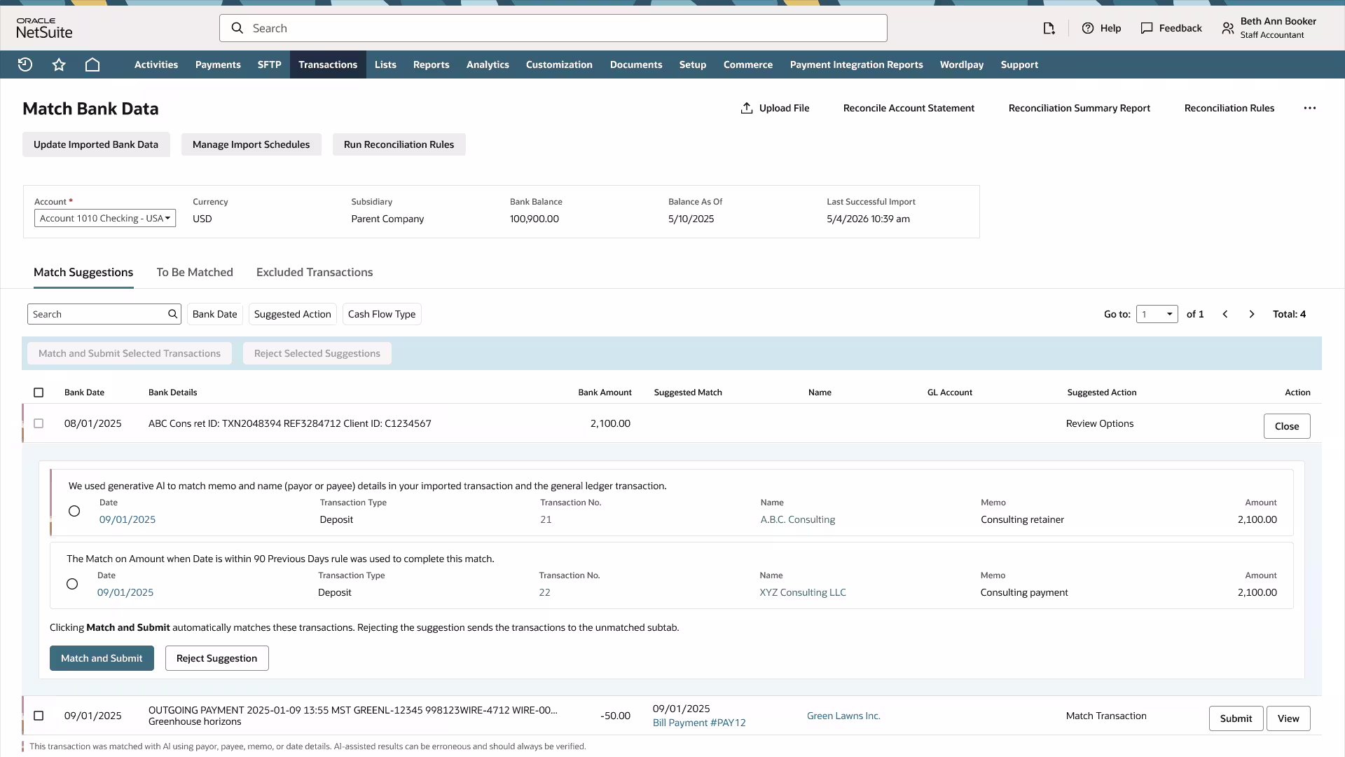 NetSuite 2026.2 bank reconciliation