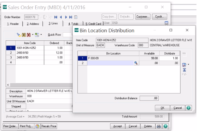 Sage 100 multi-bin management