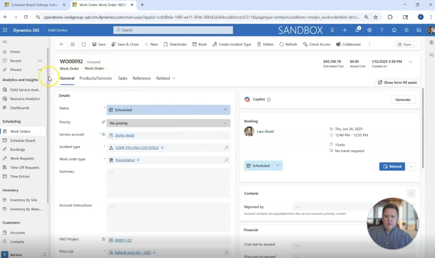 D365 Field Service - Work Order Screenshot