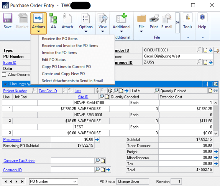 Dynamics GP purchasing interface