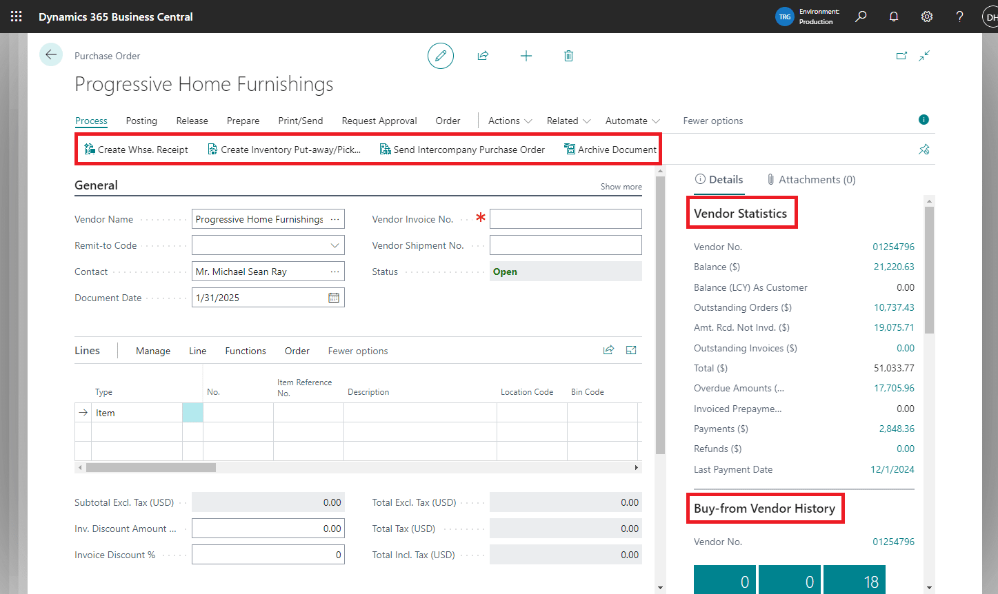 Business Central purchasing interface