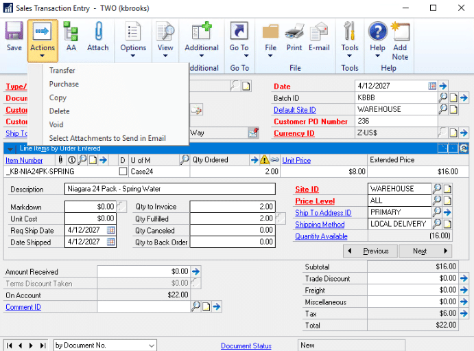 Sales transaction entry in Dynamics GP