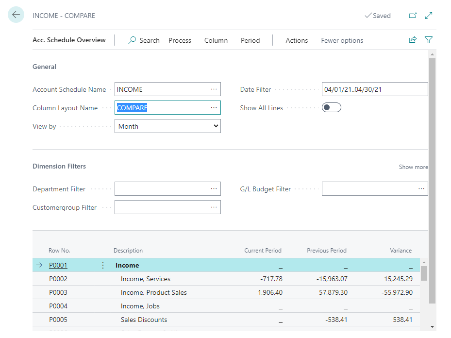 Business Central Account Schedule Overview