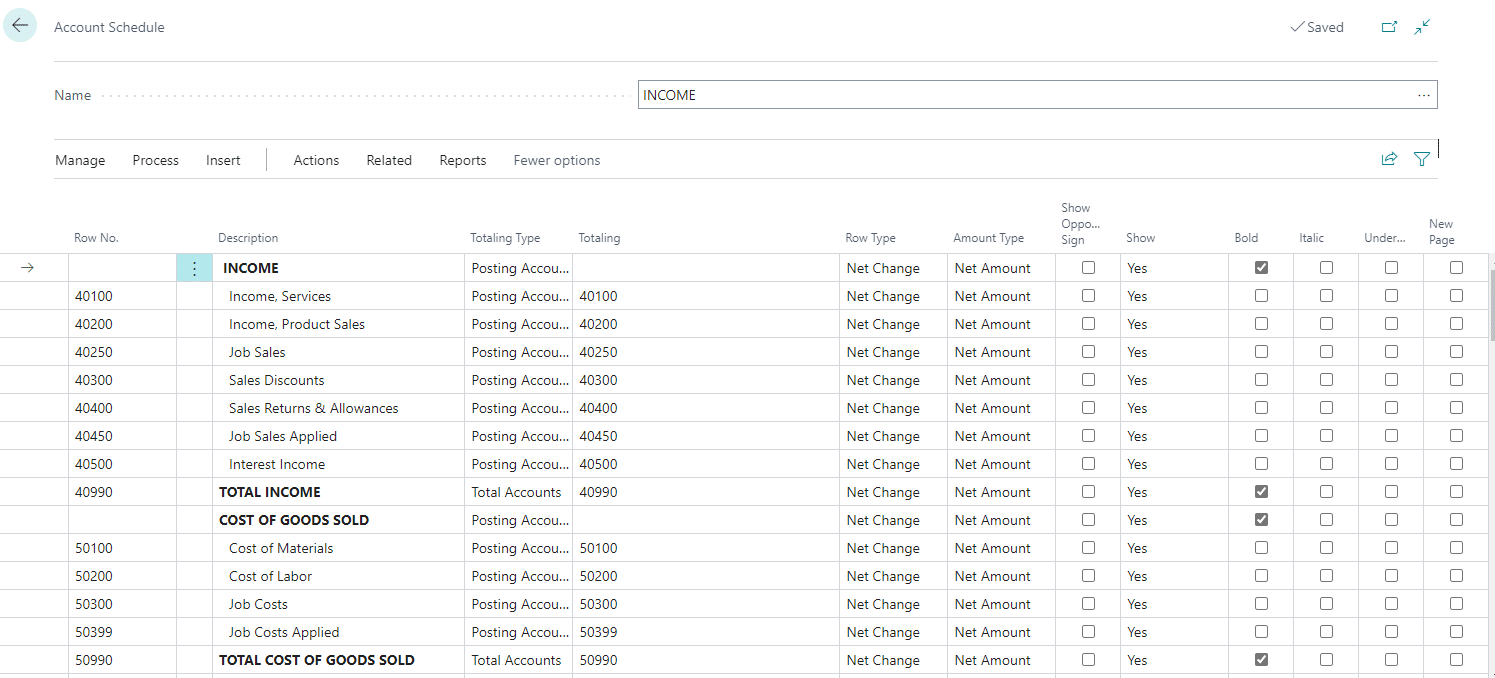 Business Central Account Schedule Rows
