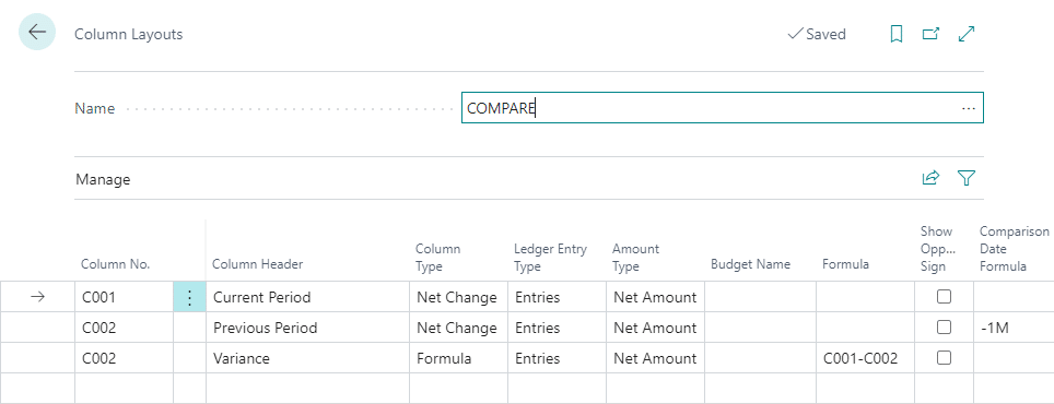 Business Central Column Layout Definition
