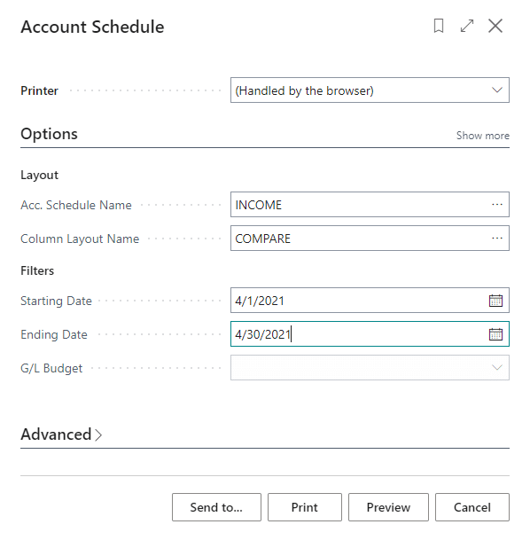 Business Central Print Account Schedule