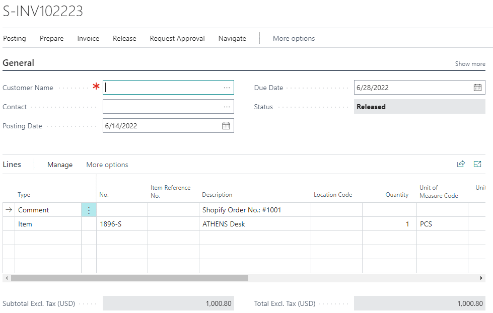 Business Central Sales Invoice