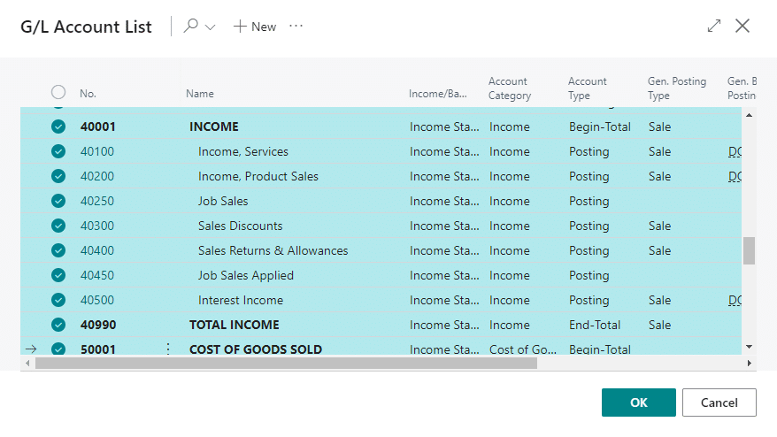 Business Central Select Income Statement Accounts