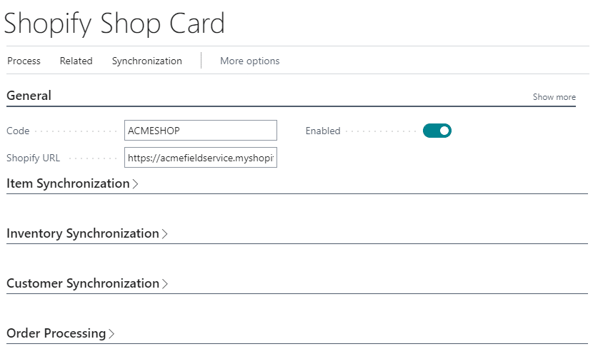 Business Central Shopify Shop Card