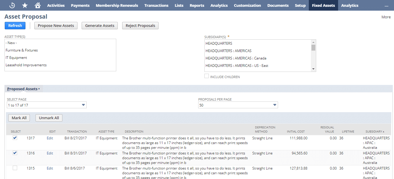 NetSuite Fixed Asset Management Asset Proposal