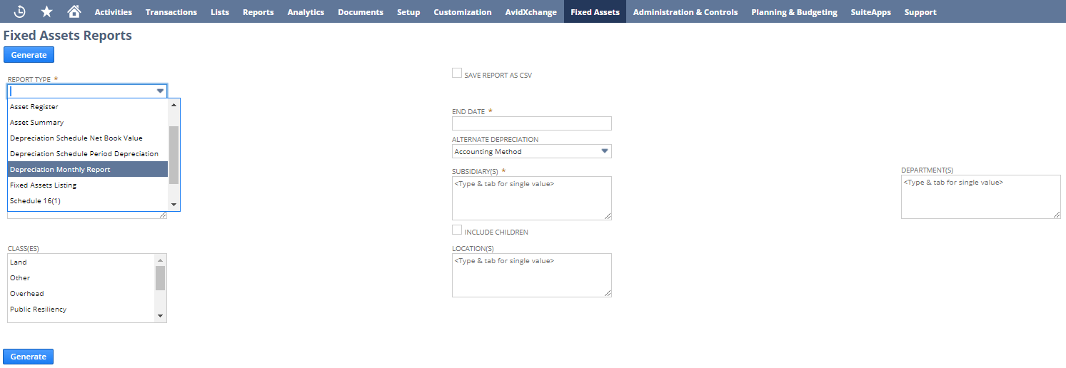 Asset reports in NetSuite