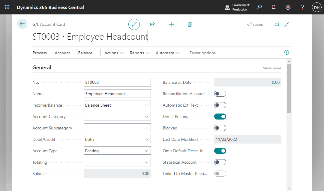 Business Central statistical accounts add-on