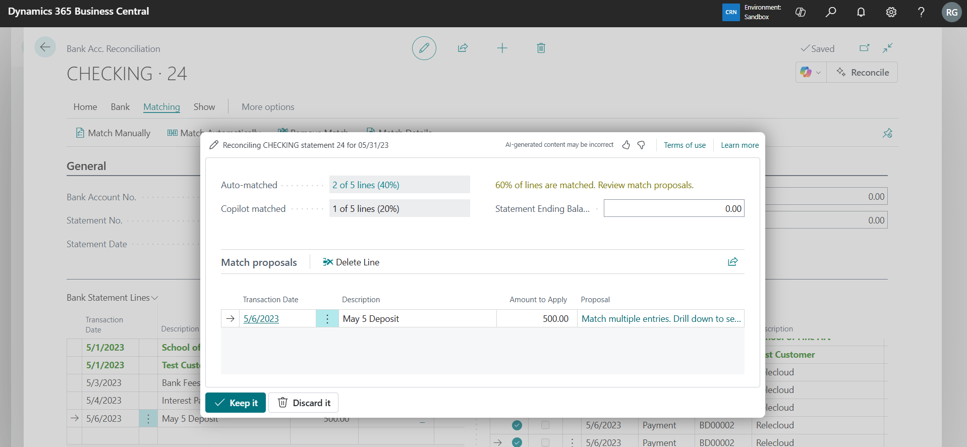 Bank Account Reconciliation in Business Central - Unmatched One to Many with Copilot