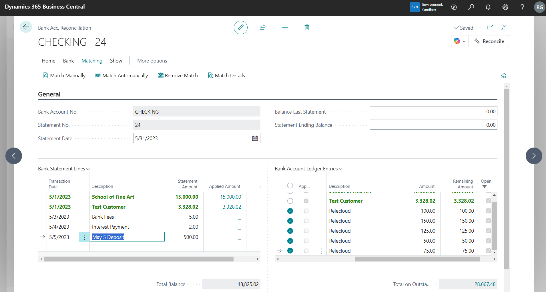Bank Reconciliation in Business Central - Unmatched one to many transactions
