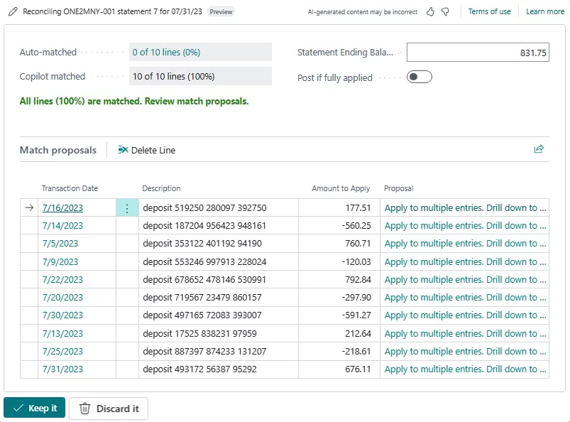 Bank reconciliation in D365 BC with Copilot