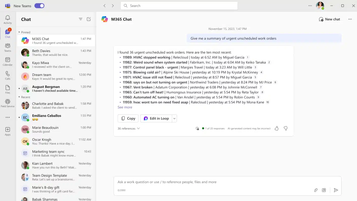 Copilot chat in Microsoft Teams