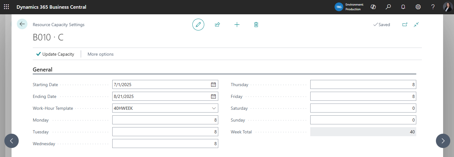 Business Central Manufacturing - Resource Capacity Settings