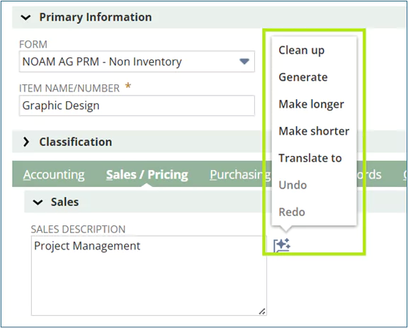 NetSuite Text Enhance menu