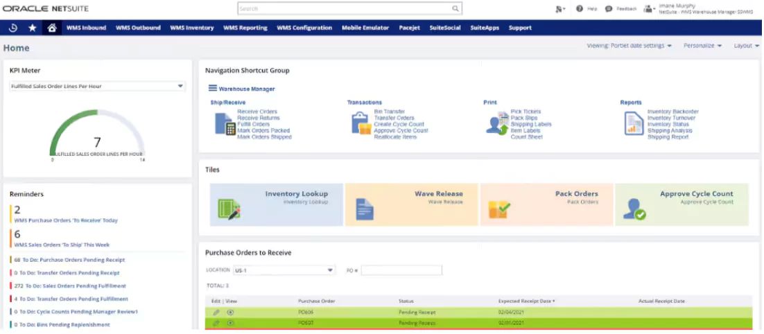 NetSuite WMS dashboard